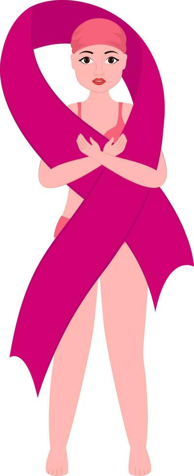 Bald Young Girl Covering From Pink Cross Ribbon In Standing Pose. vector