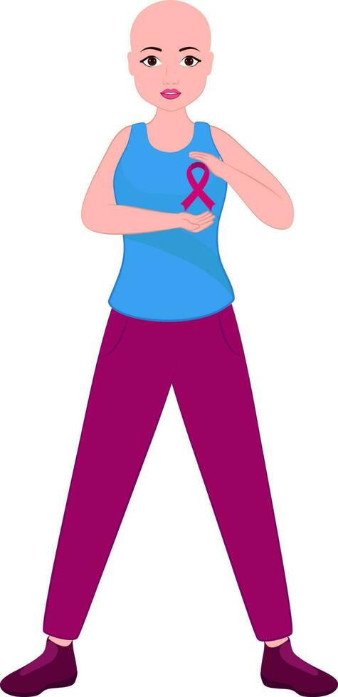 Modern Bald Young Girl Wearing Pink Cross Ribbon For Breast Cancer Awareness. vector