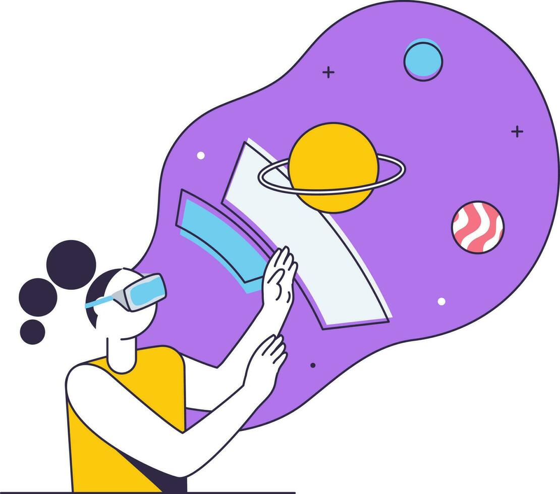 Vector Illustration Of Woman Watching To Imaginary Universe Through VR Glasses On Purple And White Background.