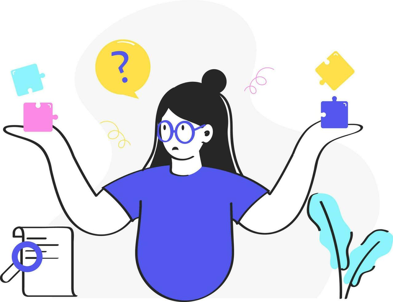 Vector Illustration Of Woman Presenting Puzzles With Searching Document Paper On White Background.