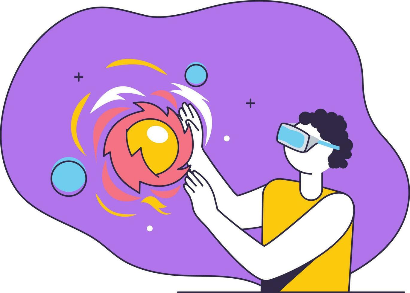 Cartoon Man Watching To Imaginary Galaxy Through VR Glasses On Purple And White Background. vector