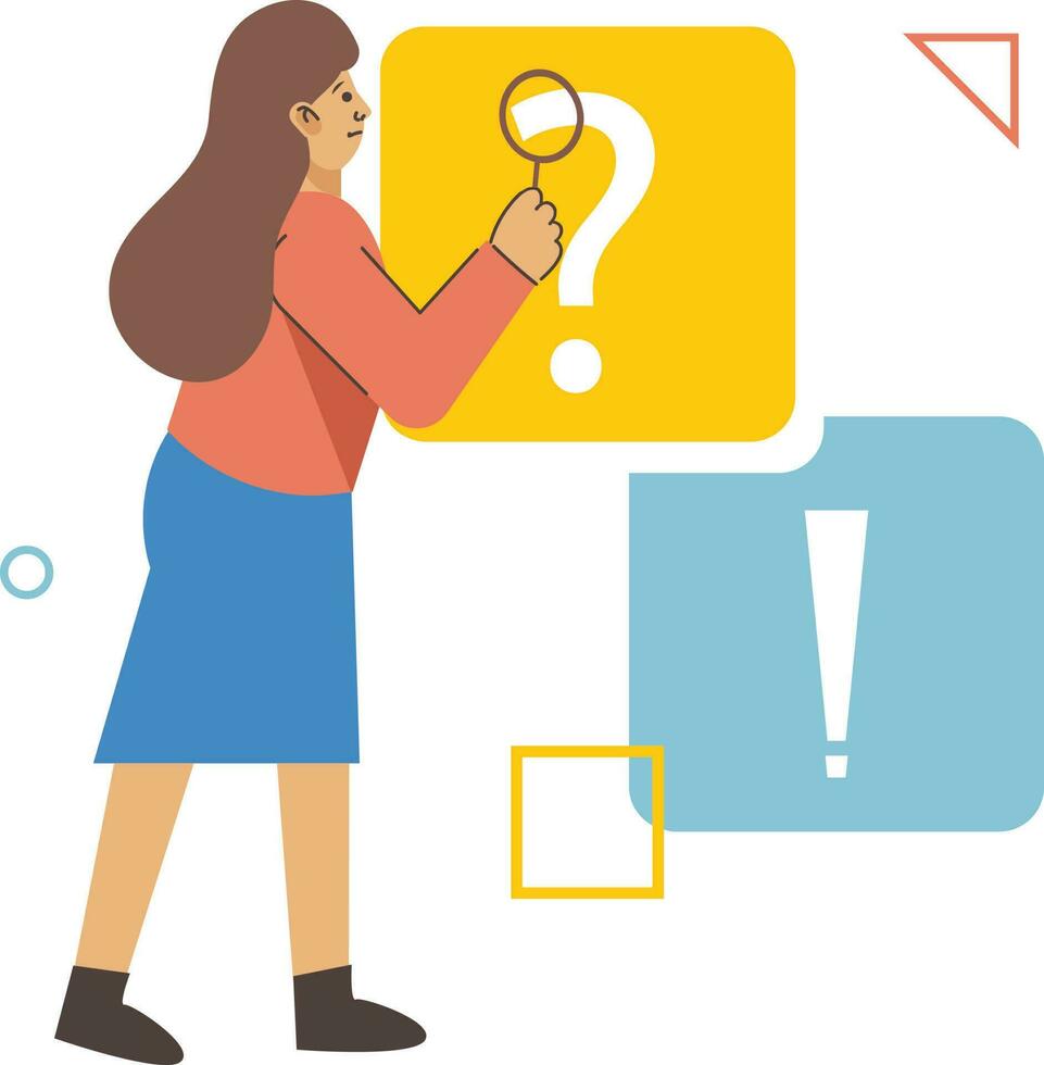 Vector Illustration Of Businesswoman Or Employee Holding Magnifying Glass Over Question Mark For FAQ Concept.