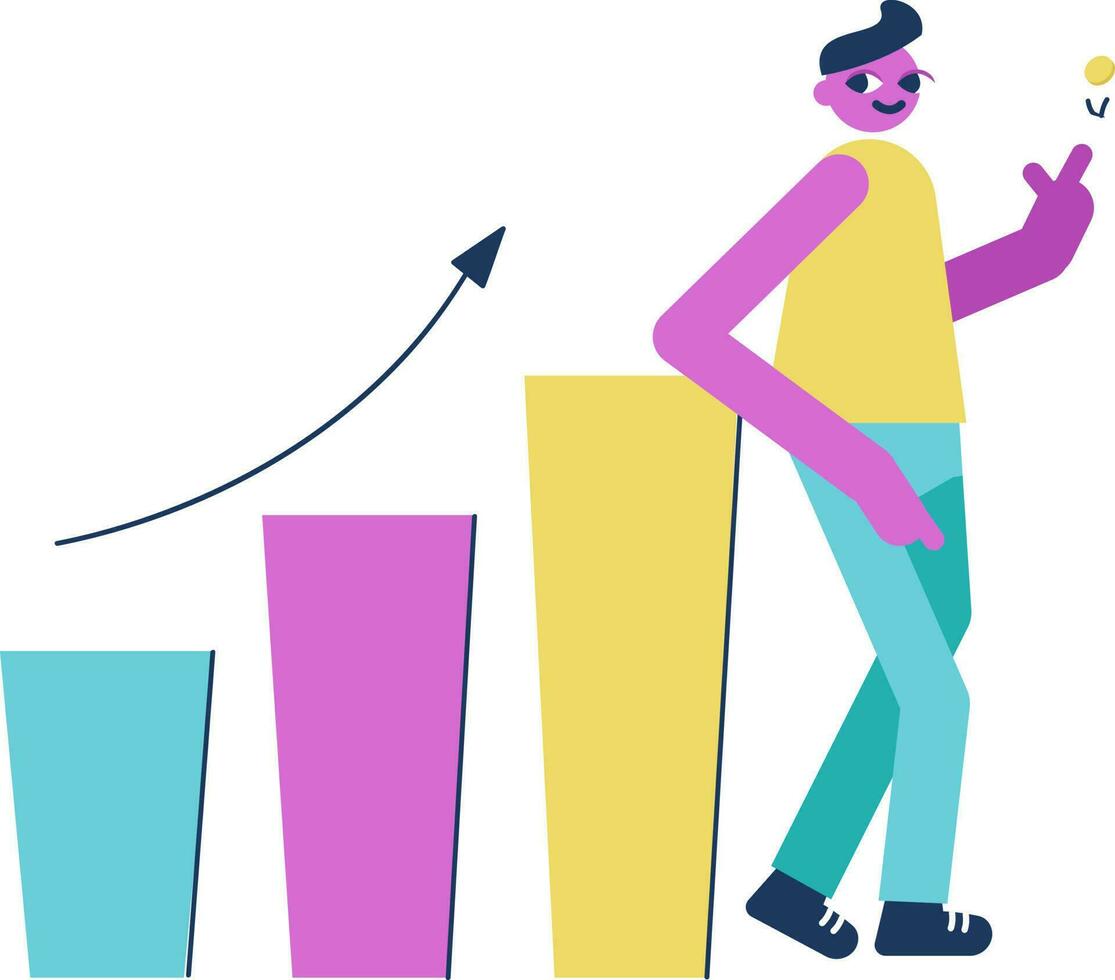 Cartoon Man Holding A Coin And Growth Bar Graph On White Background. vector