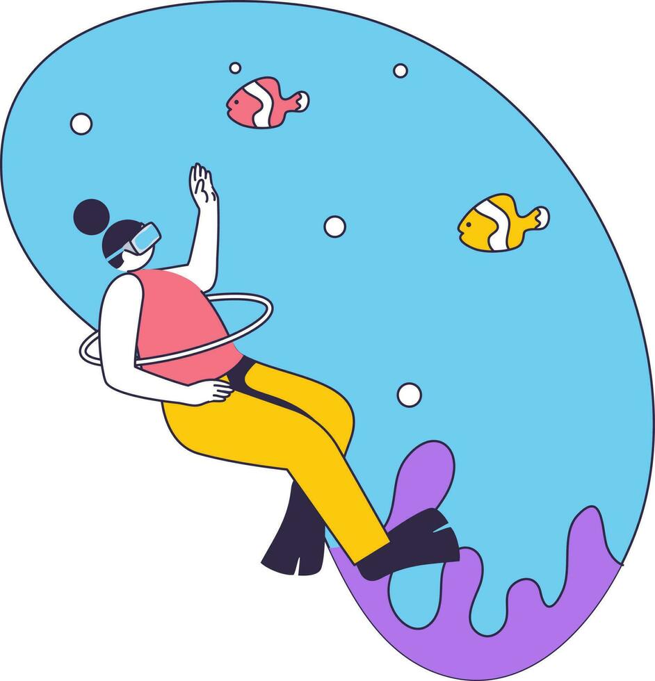 Cartoon Swimmer Woman Watching To Imaginary Fishes In Underwater Through VR Glasses On Blue And White Background. vector