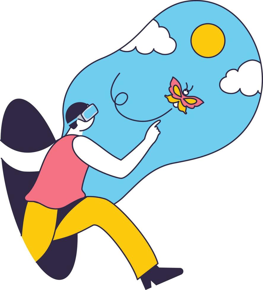 Cartoon Man Touching Imaginary Butterfly Through VR Glasses On Blue And White Background. vector