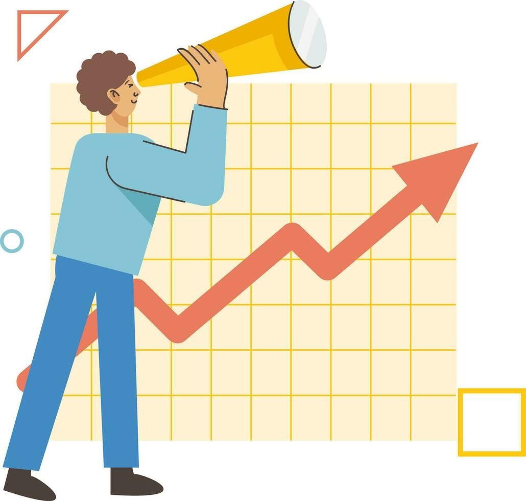 Vector Illustration Of Cartoon Businessman Or Employee Holding Spyglass And Growth Arrow Chart Against Background.