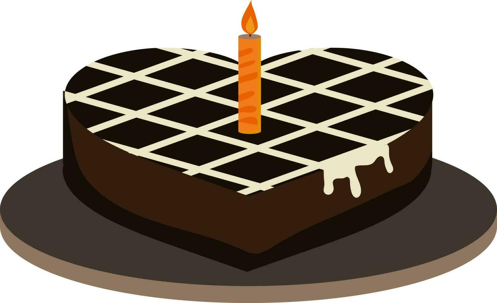 Heart Shaped Cake With Lit Candle Icon In Brown Color. vector