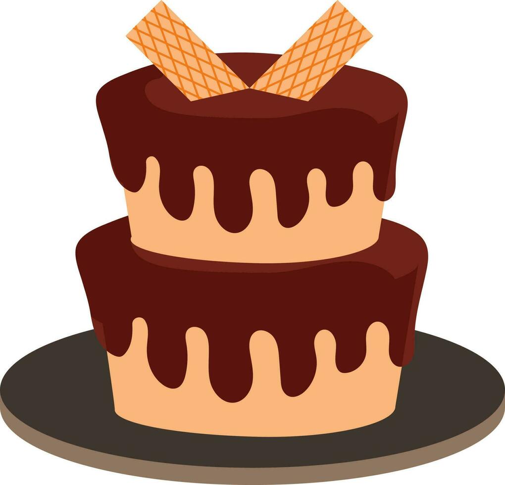 2-Tier Cake With Wafer Icon On Black Plate. vector