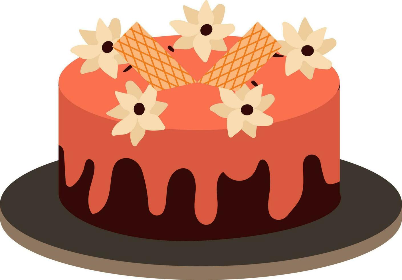 Delicious Cake Decorated From Flowers With Wafer Icon In Flat Style. vector