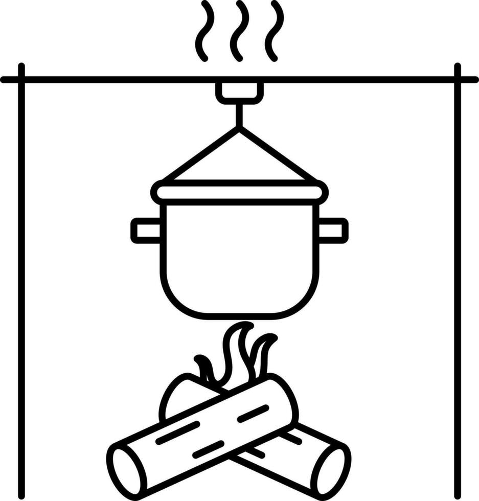 Food Pot Hang On Bonfire Black Stroke Icon. vector