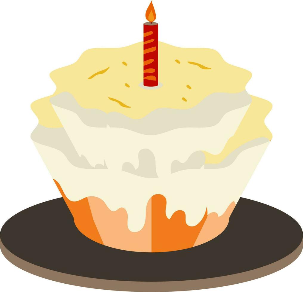 Delicious Cupcake With Lit Candle Icon On Black Plate. vector