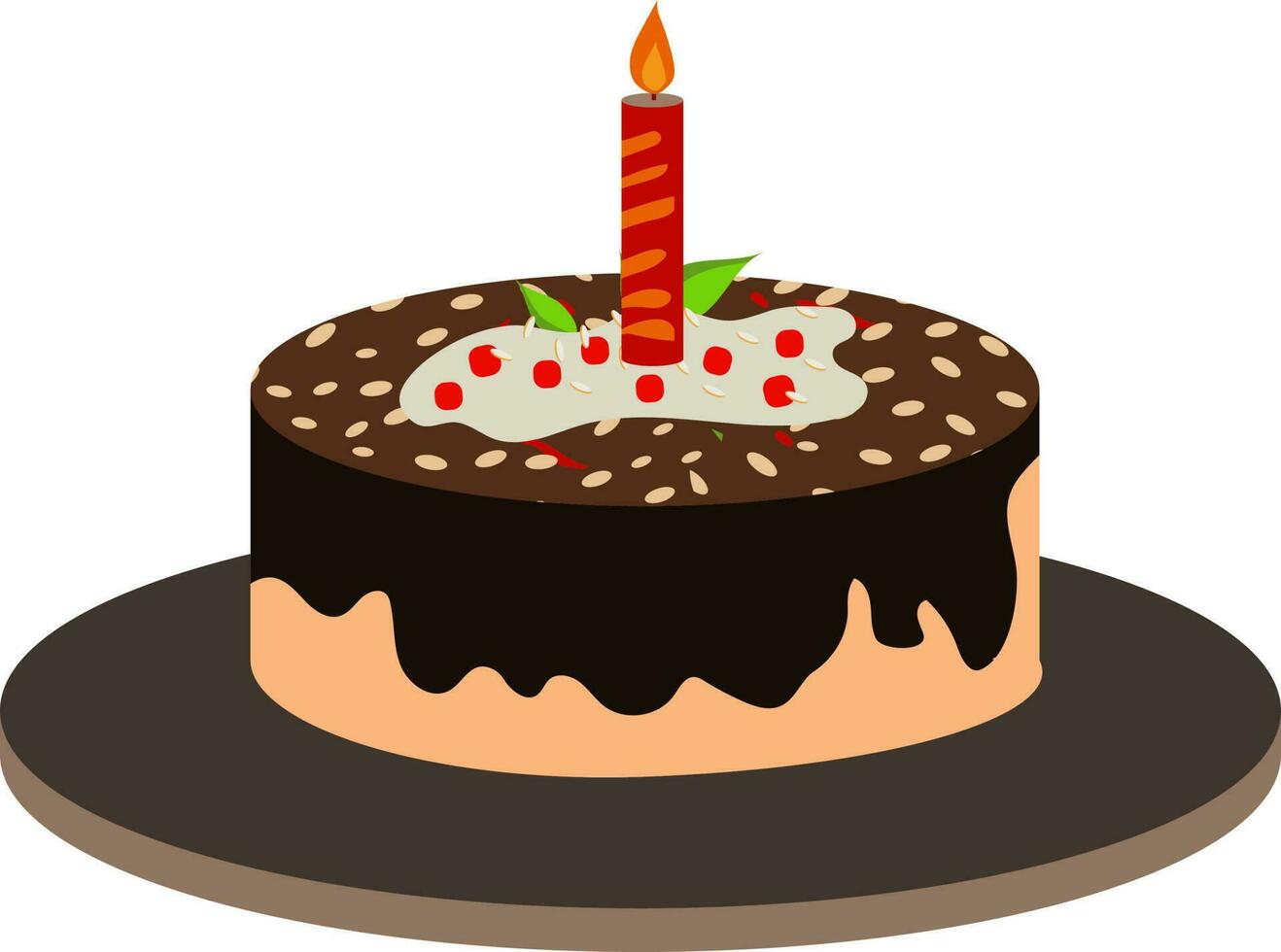Decorative Cake With Lit Candle Icon On Black Plate. vector