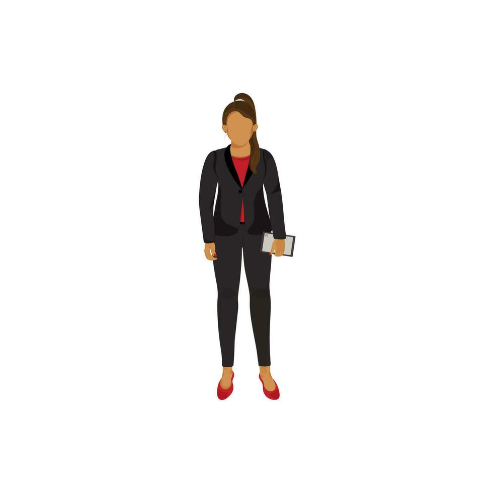 Faceless Young Businesswoman Holding Tablet In Standing Pose. vector