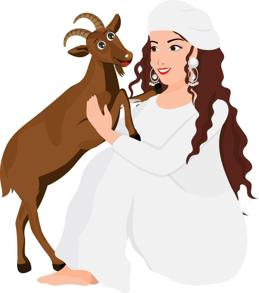 Beautiful Kashmiri Girl Loving Goat In Sitting Pose. vector