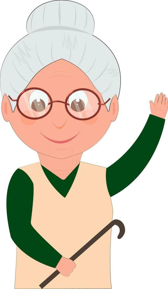 Cute Cartoon Character Of Little Girl Dress Up In Old Lady. vector