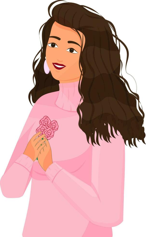 Cheerful Young Girl Holding Rose Flowers Over White Background. vector