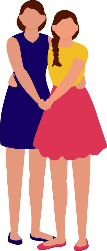 Faceless Modern Young Girls Embracing In Standing Pose. vector