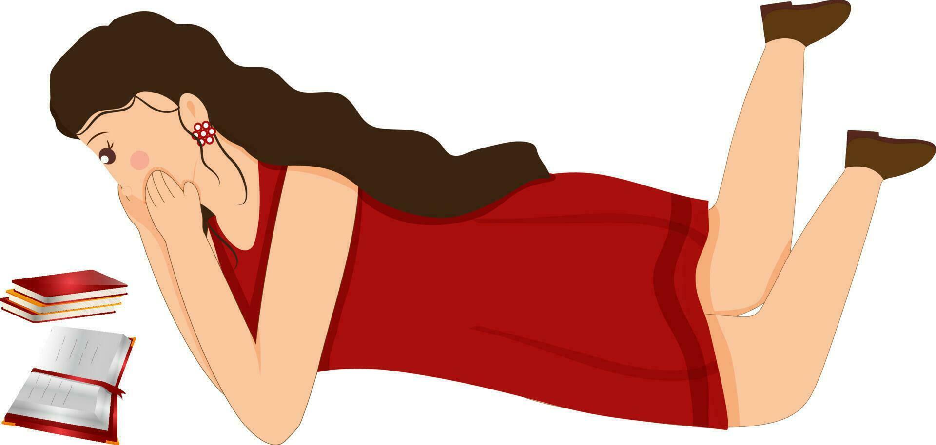 Beautiful Young Reading Books Girl Tummy Lying Down Over White Background. vector