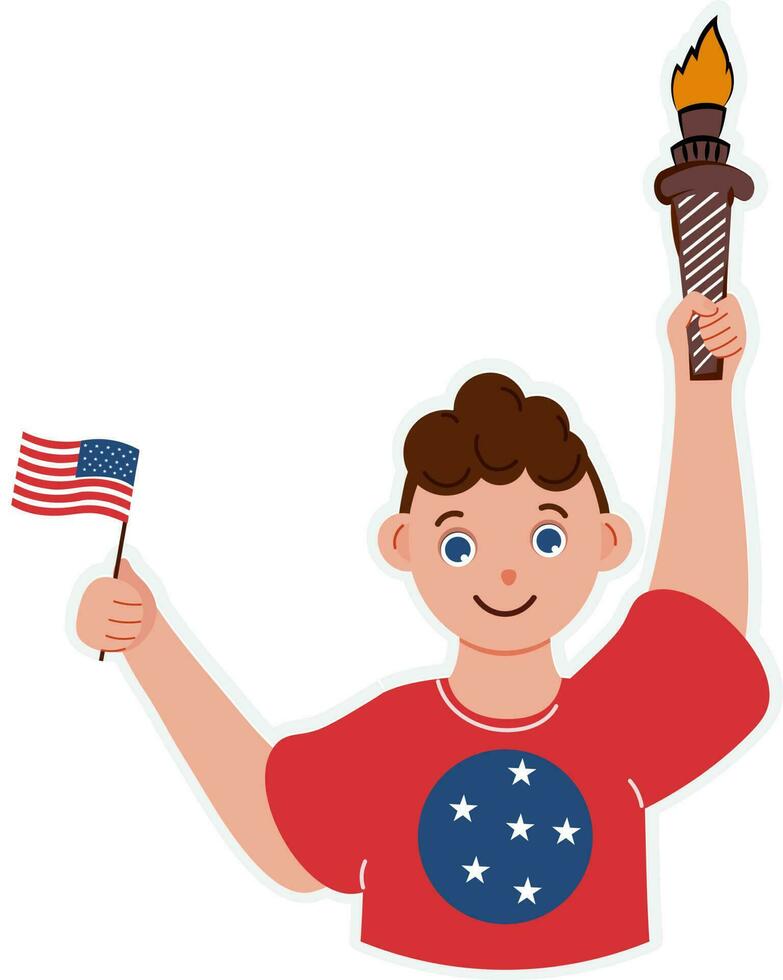 Cartoon Sticker Of Smiley Boy Holding Flag And Flaming Torch. vector