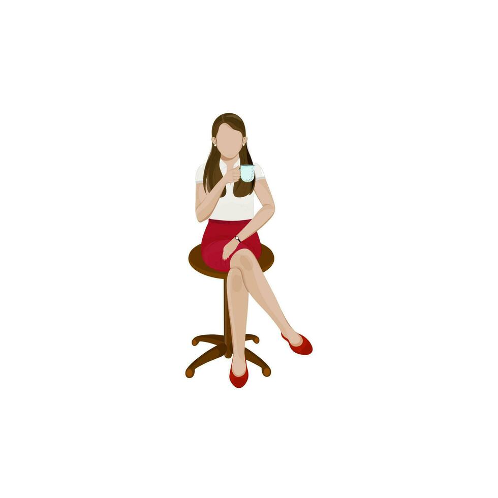 Faceless Young Businesswoman Drinking Tea Or Coffee At Office Stool. vector