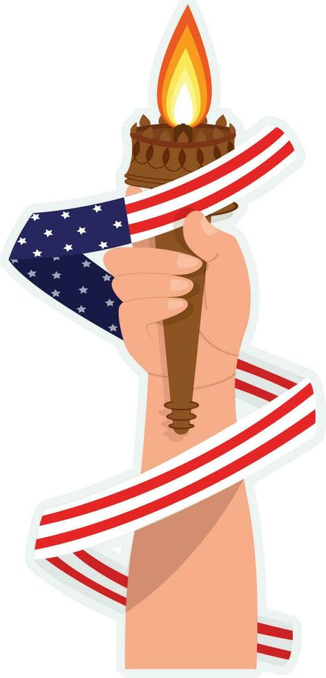 Sticker Illustration Of Flaming Torch Holding Hand With Wavy American Flag Ribbon. vector