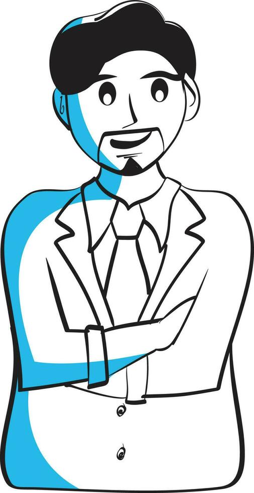 Doodle Linear Style Mustache Businessman Folding Hand In Standing Pose Over White Background. vector