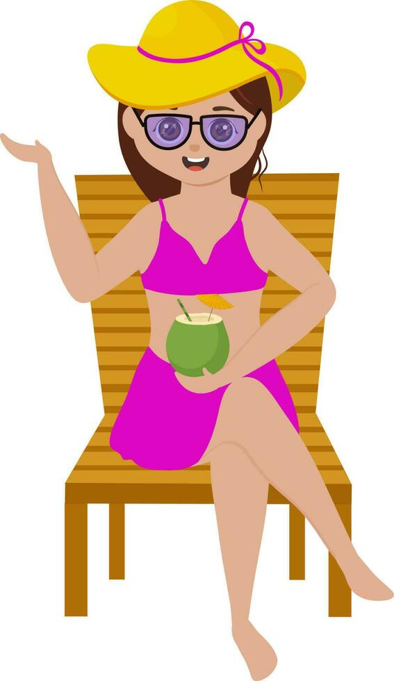 Young Girl Enjoying Coconut Drink At Chair In Swimsuit. vector