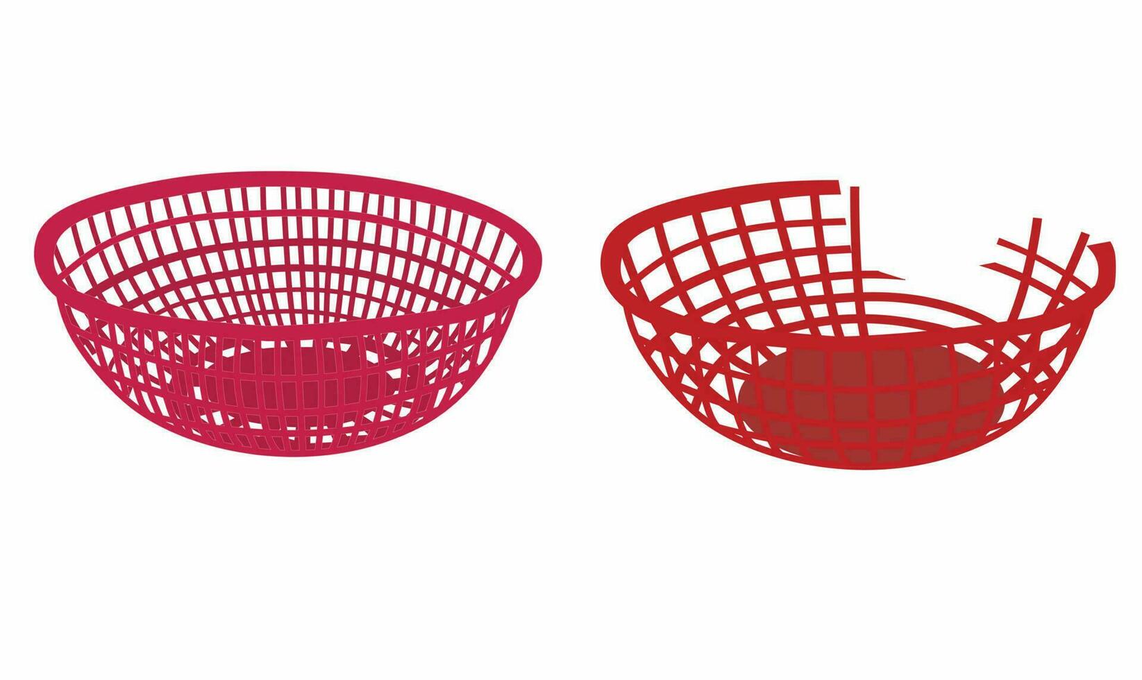 Plastic basket vector set. Broken basket vector. Plastic waste concept. Plastic product.  Flat vector in cartoon style isolated on white background.