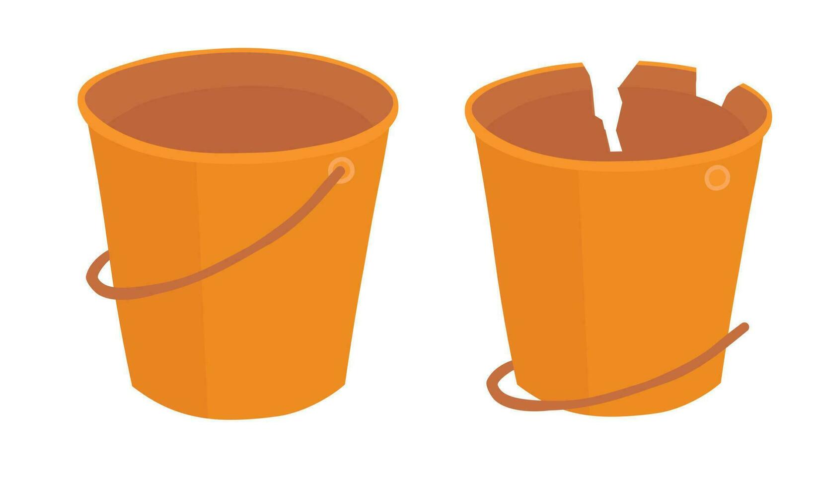 Plastic bucket vector set. Plastic waste concept. Broken orange bucket clipart. Water container icon. Flat vector illustration in cartoon style isolated on white background.