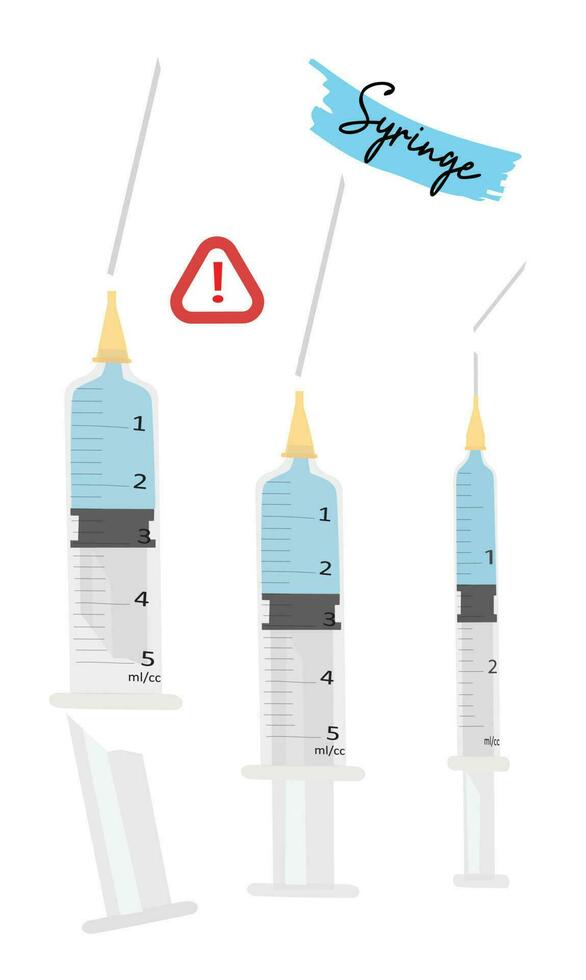 Broken medical syringe vector set. Broken syringe with blue liquid vector isolated on white background. Medical tool for injection. Flat vector in cartoon style.