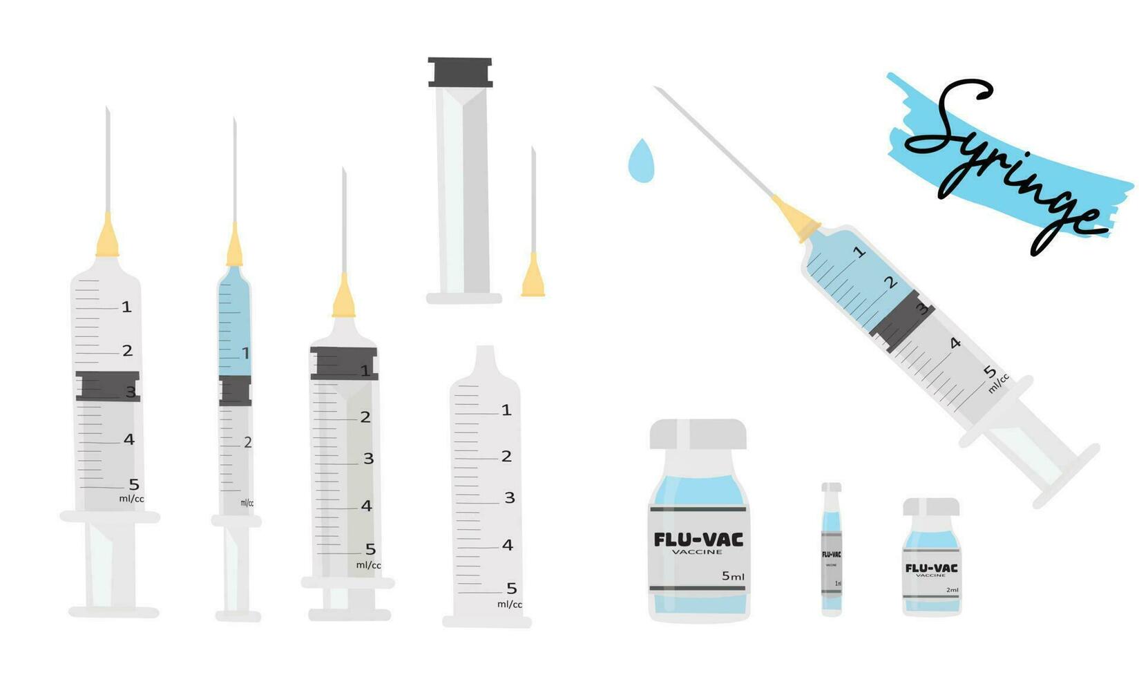 Medical syringe vector set. Vaccine vector set. Plastic syringe with component parts, needle, plastic cylinder, plunger. Medical tool for injection. Flat vector in cartoon style isolated on white.