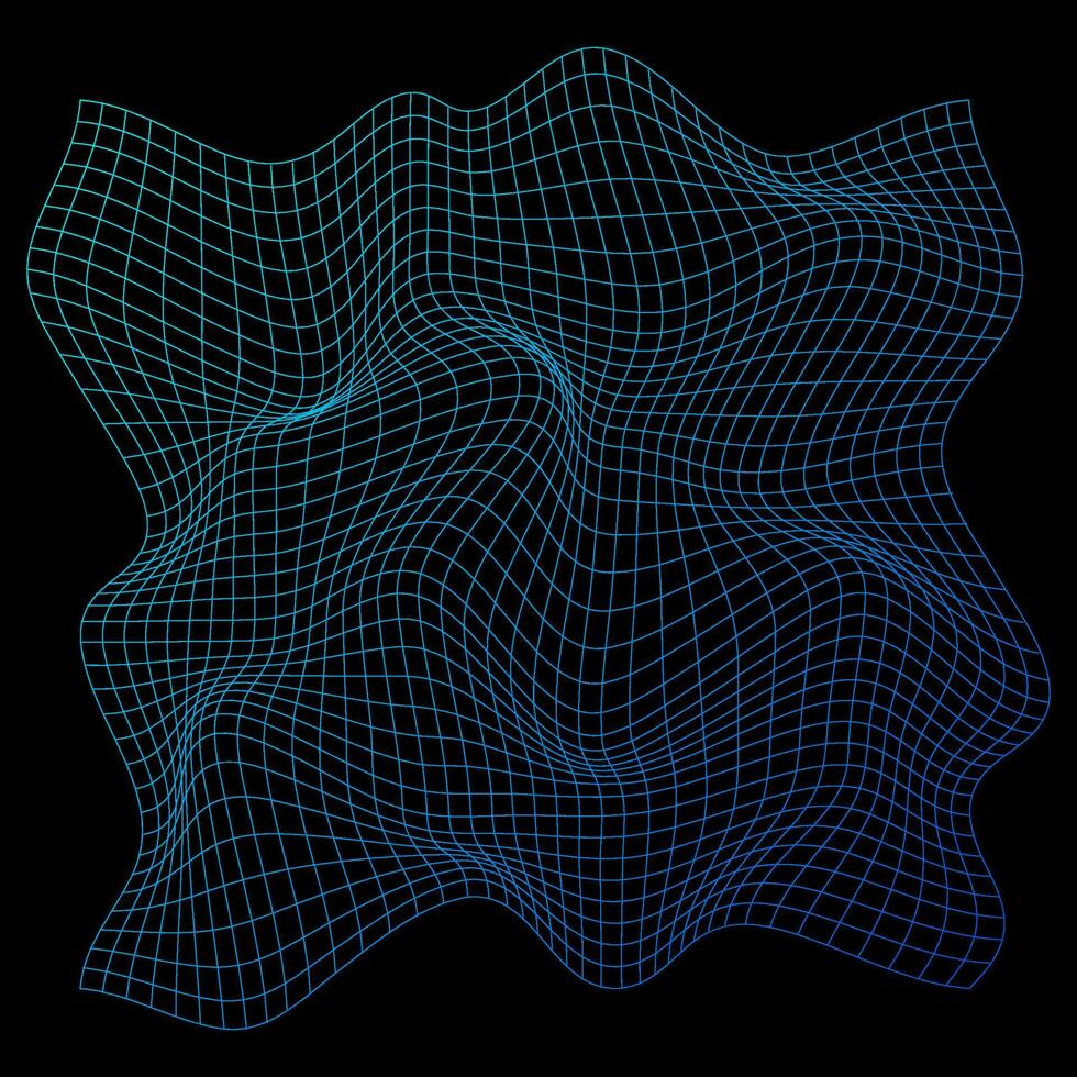 Distorted neon grid pattern. Wireframe wave geometry grid. Warped mesh texture. Curved mesh elements. Vector illustration