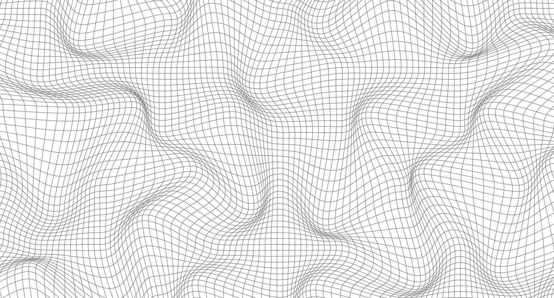 Abstract wavy 3d mesh. Geometric dynamic wave. Distorted square grid. Warped mesh texture. Wireframe wave geometry grid. Vector illustration