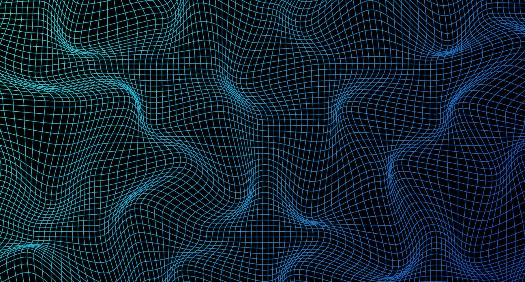 Abstract wavy 3d mesh. Geometric dynamic wave. Distorted square grid. Warped mesh texture. Wireframe wave geometry grid. Vector illustration
