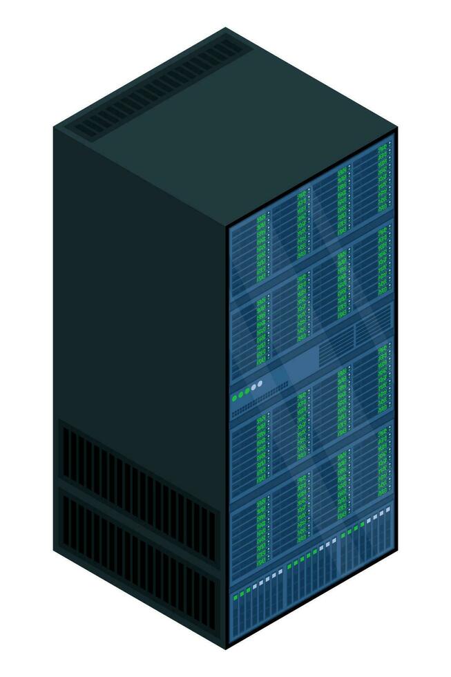 Isometric server. Network server room. Server in cabinets. Storage database. Isometric technology. Vector illustration