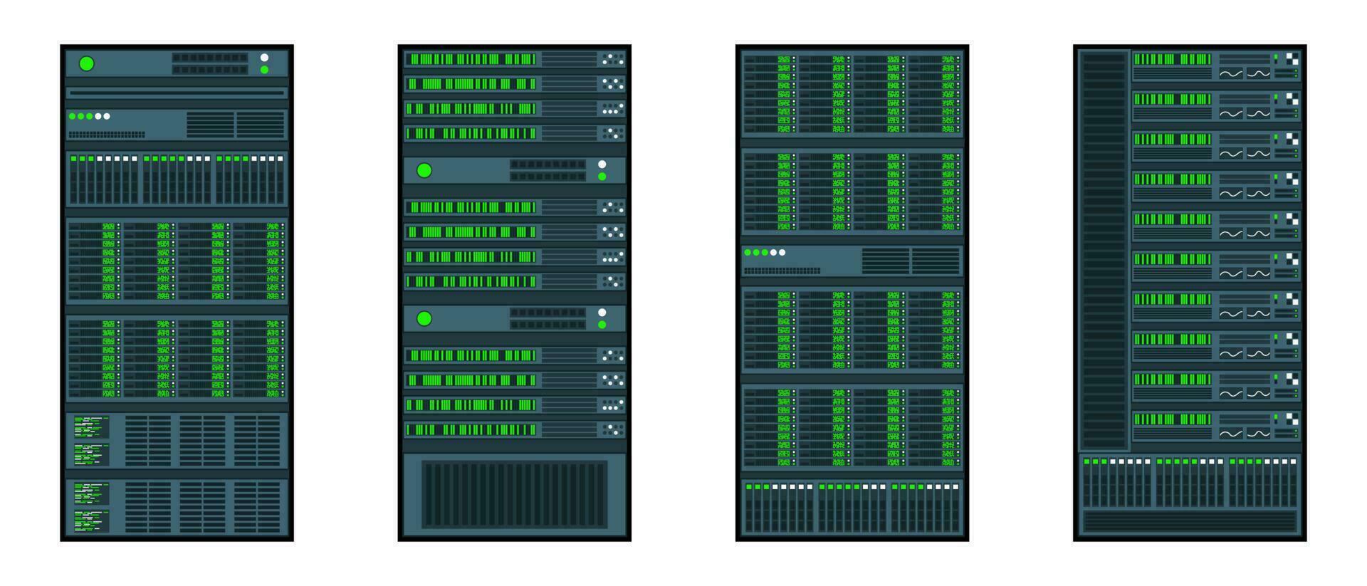 Set of various server racks. Server in cabinets. Server room data center. Server in flat design. Vector illustration