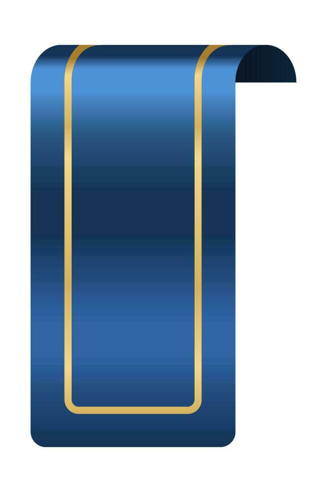 Blue ribbon bookmark tag. Realistic ribbon. Silk bookmark with blank place. Golden bookmark. Vertical bookmark. Vector illustration