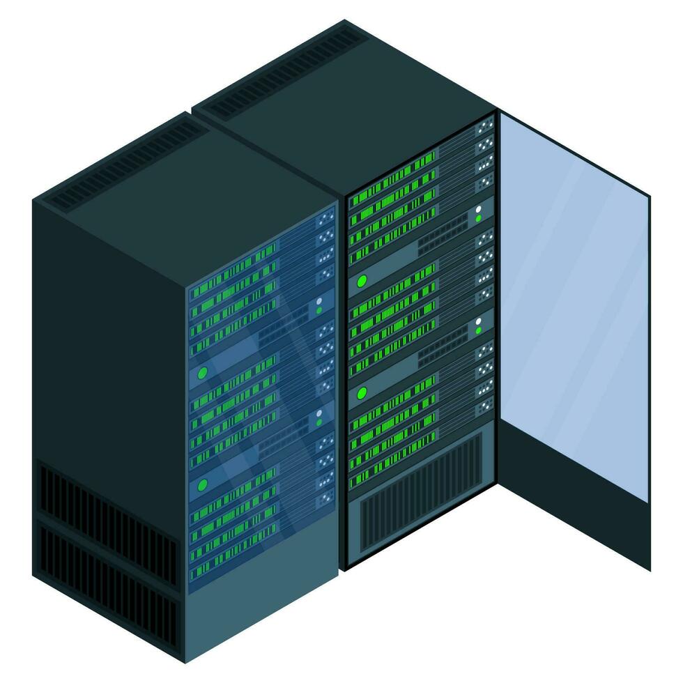 Isometric server. Network server room. 3D computer equipment. Storage database. Isometric technology. Vector illustration