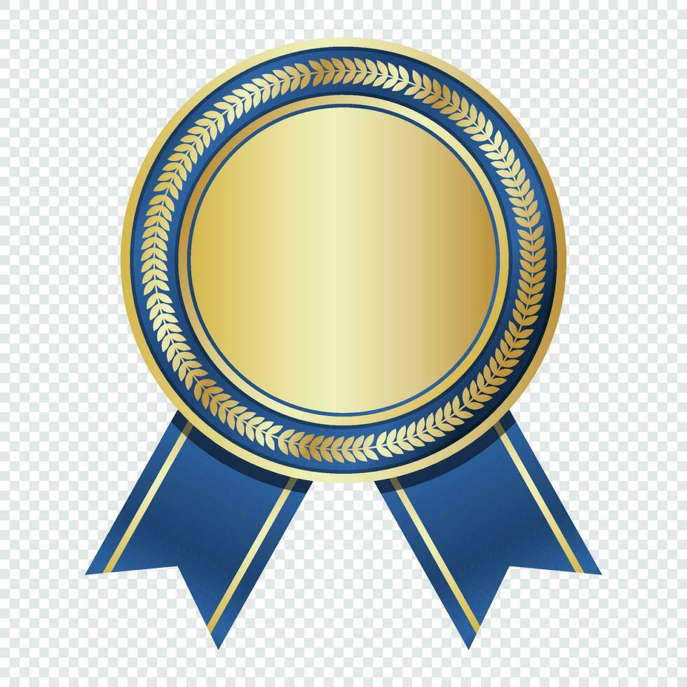 Golden medal with blue ribbon. Gold badge with blue ribbon. Blank gold medal. Champion and winner awards sports medal. Vector illustration