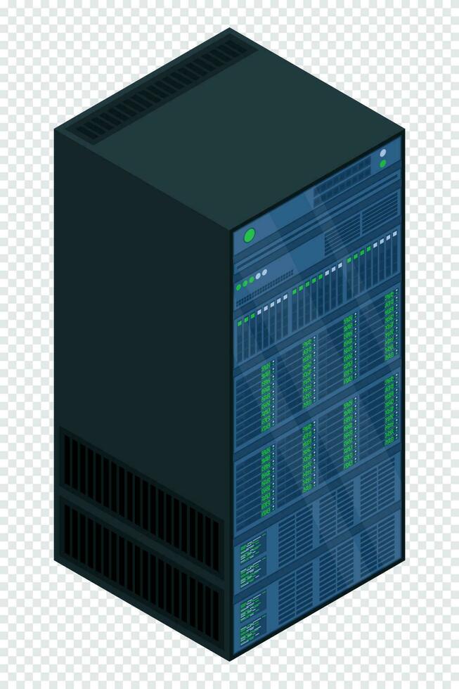 Isometric server. Network server room. Server in cabinets. Storage database. Isometric technology. Vector illustration