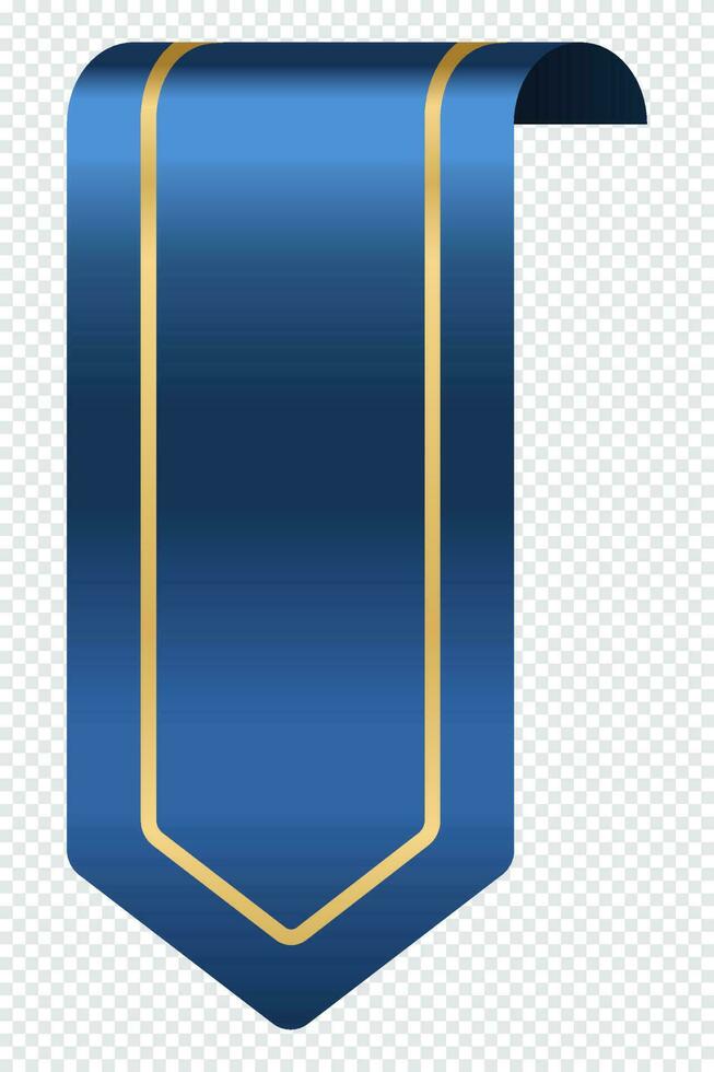 Blue ribbon bookmark tag. Realistic ribbon. Silk bookmark with blank place. Golden bookmark. Vertical bookmark. Vector illustration