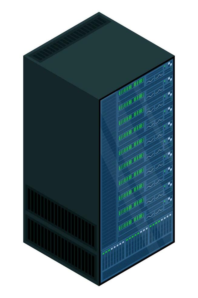 isométrica servidor. red servidor habitación. servidor en gabinetes almacenamiento base de datos. isométrica tecnología. vector ilustración