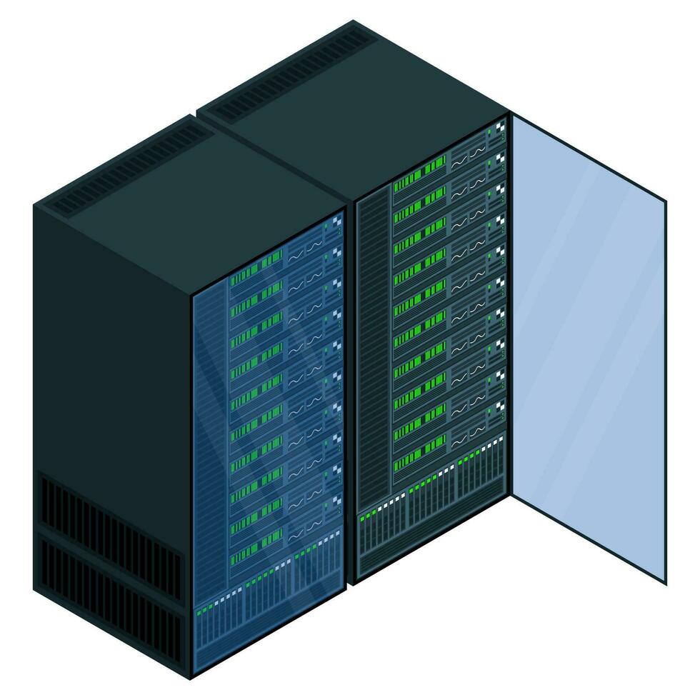 Isometric server. Network server room. 3D computer equipment. Storage database. Isometric technology. Vector illustration