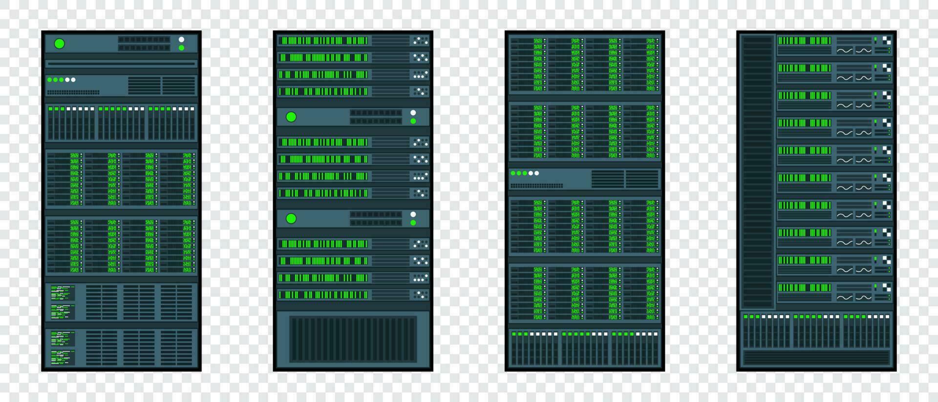Set of various server racks. Server in cabinets. Server room data center. Server in flat design. Vector illustration