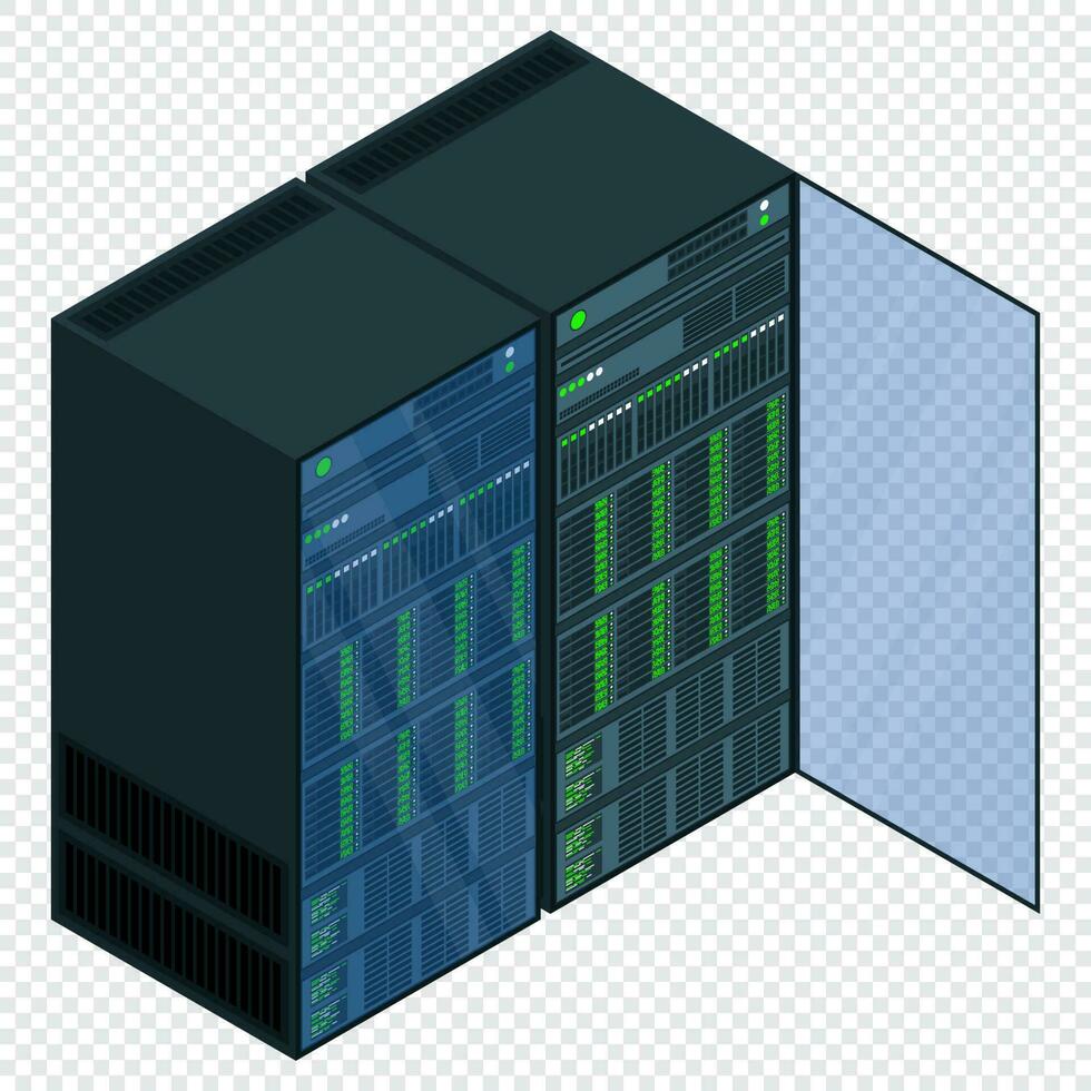 Isometric server. Network server room. 3D computer equipment. Storage database. Isometric technology. Vector illustration