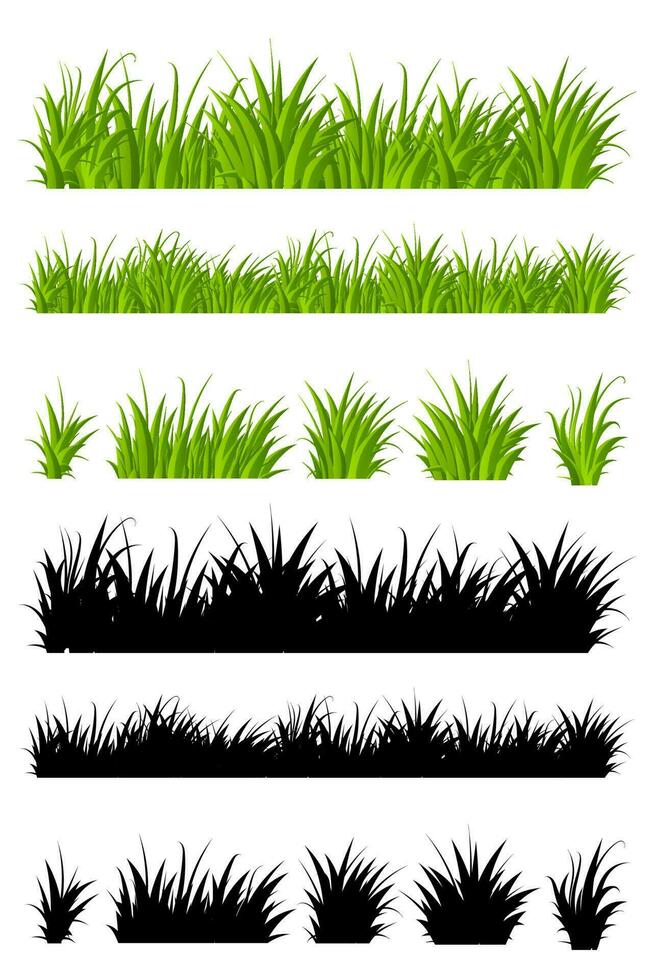 Green grass collection. Set of spring green grass horizontal borders. Meadow natural green herbal. Spring or summer plant leaves. Vector illustration