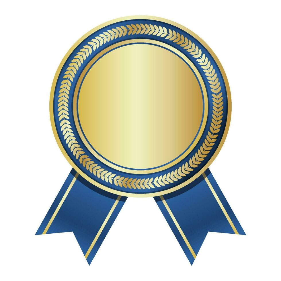 Golden medal with blue ribbon. Gold badge with blue ribbon. Blank