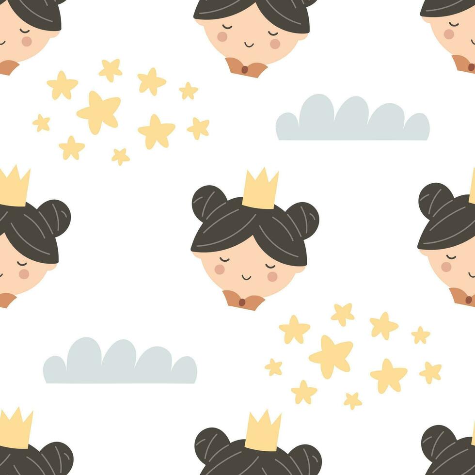 sin costura modelo con dibujos animados princesa, decorativo elementos. plano estilo vistoso vector ilustración para niños. mano dibujo. bebé diseño para tela, textil, imprimir, envoltura.