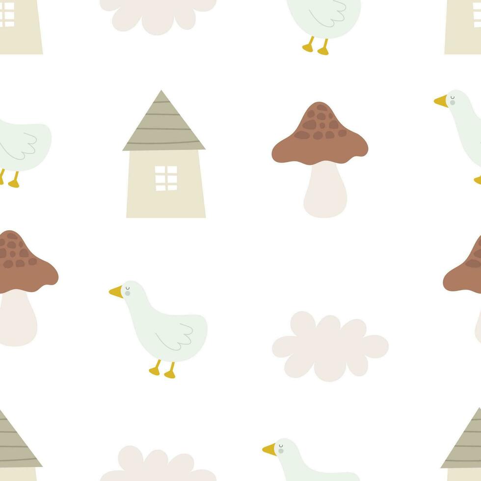 seamless pattern with cartoon houses, bird, decor elements. colorful vector for kids, flat style. Baby design for fabric, textile, print, wrapper.