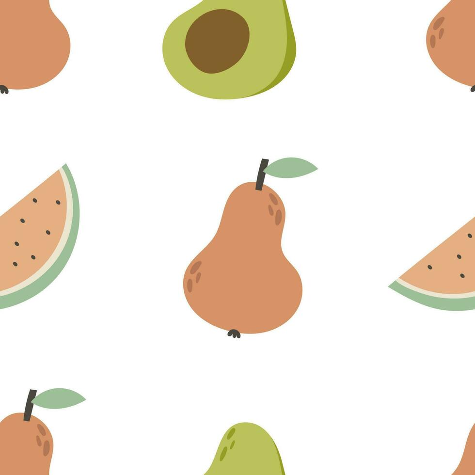 Seamless tropical pattern with pear, watermelon, avocado, decorative elements. Colorful vector, flat style. Jungle summer design for fabric, print, textile, wrapper. vector